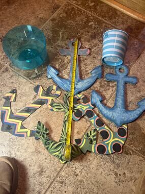 Bundle of 5 hand painted anchors 10” each , 
5“ bucket, turquoise plastic vase